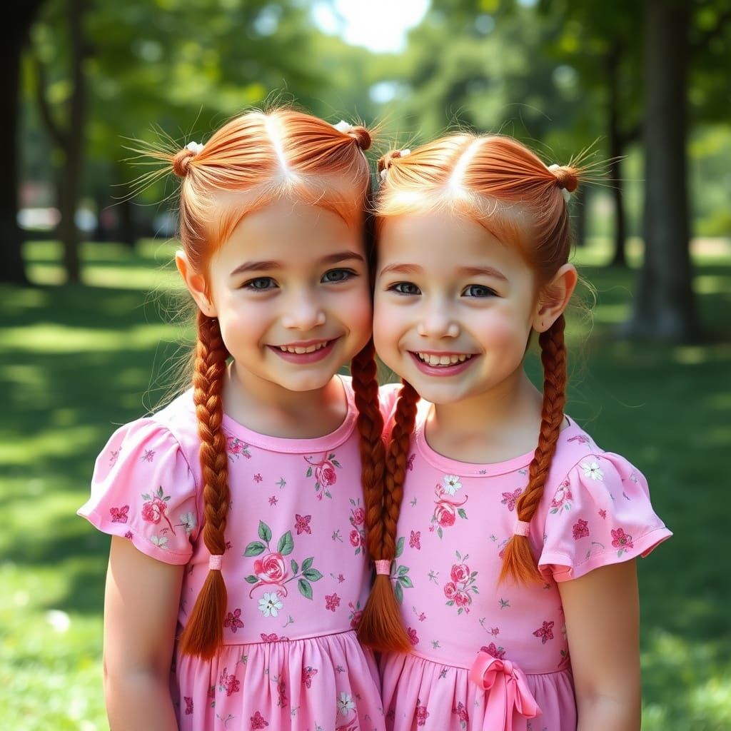 Red-Haired Twins in a Sunny Park
