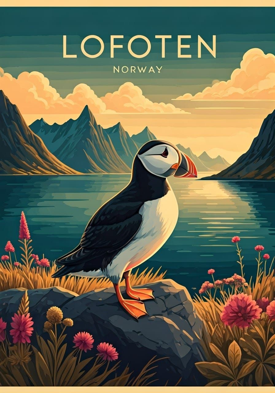 Lofoten Travel Poster with Puffin in Vintage Style
