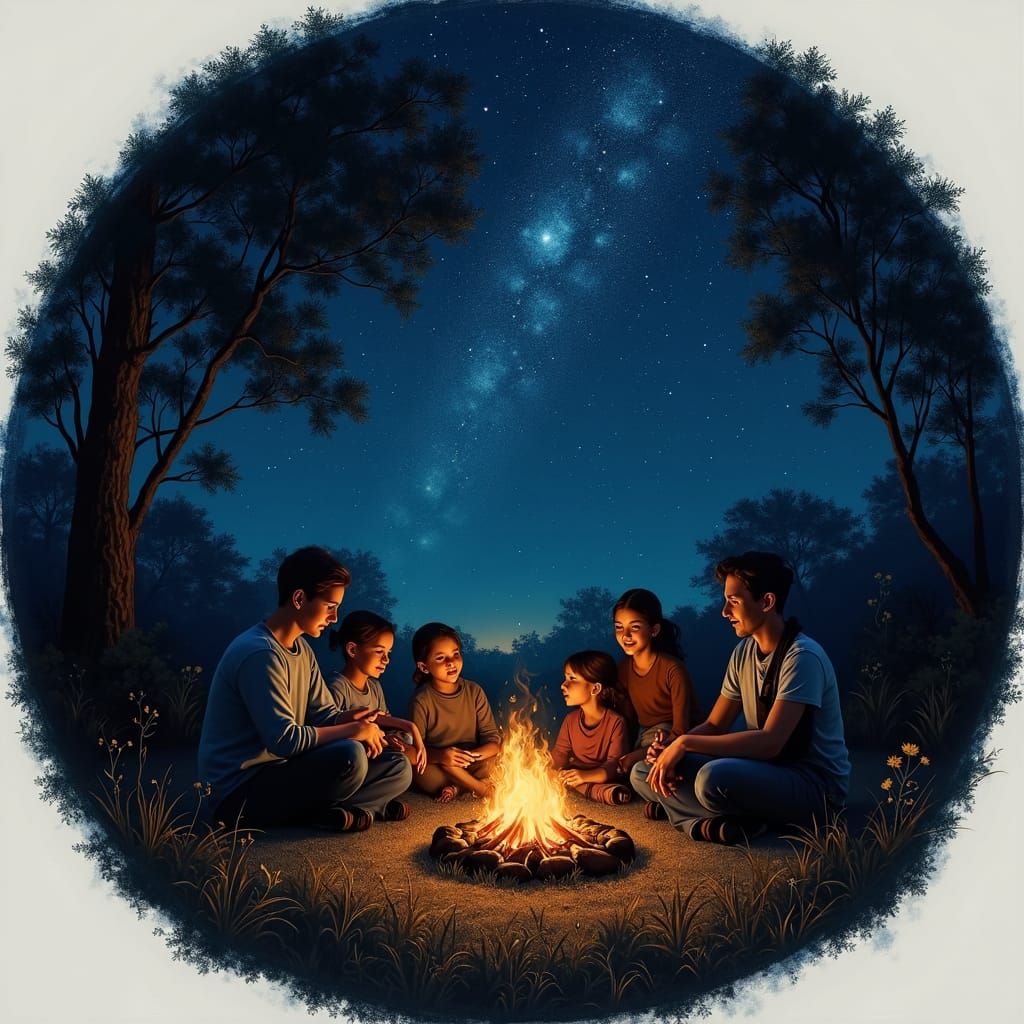 Family Around Campfire in Dry Crayon Style