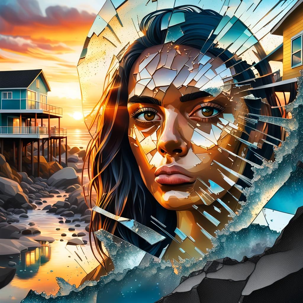 Surreal Shattered Glass Portrait with Sunset Waterfalls