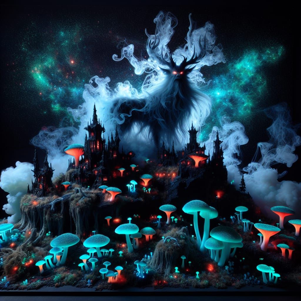 Bioluminescent Stag in a Fantasy Mushroom Village Diorama