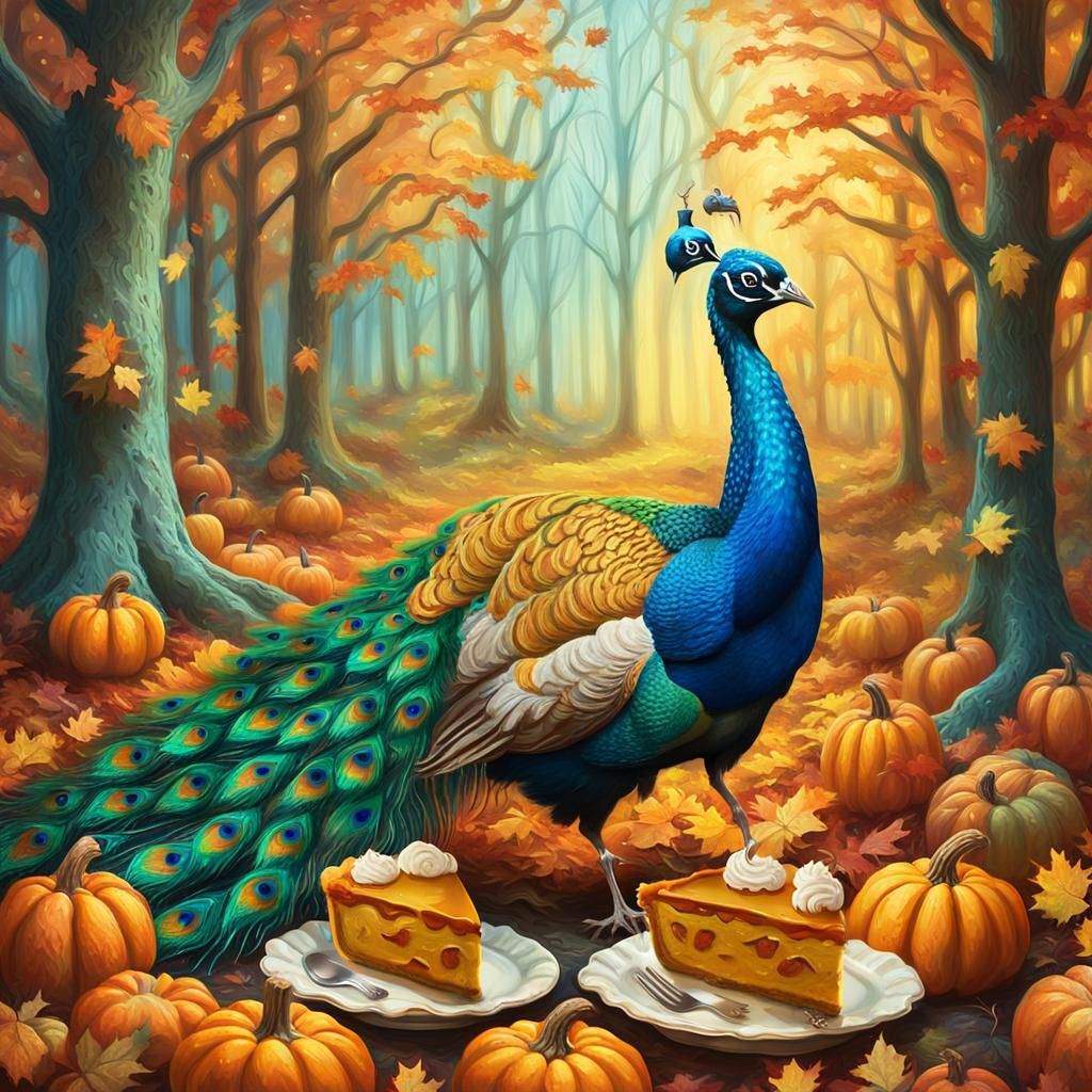 Surreal Autumn Scene with Peacock Enjoying Pumpkin Pie in Wh...
