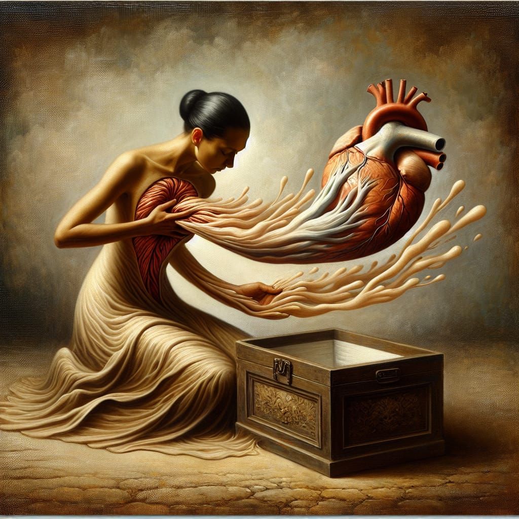 Surreal Woman Reveals Heart in Dreamlike Scene