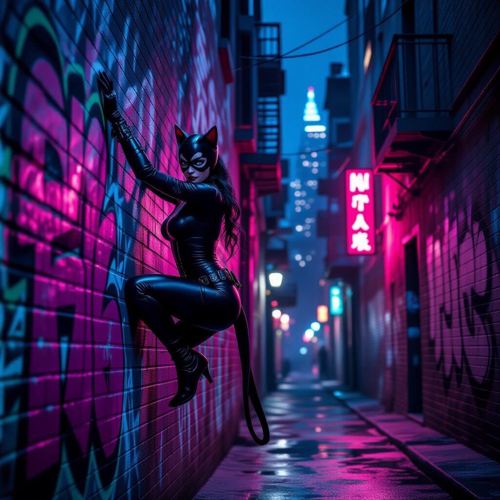 Catwoman in Gothic Steampunk Costume on Gotham Wall