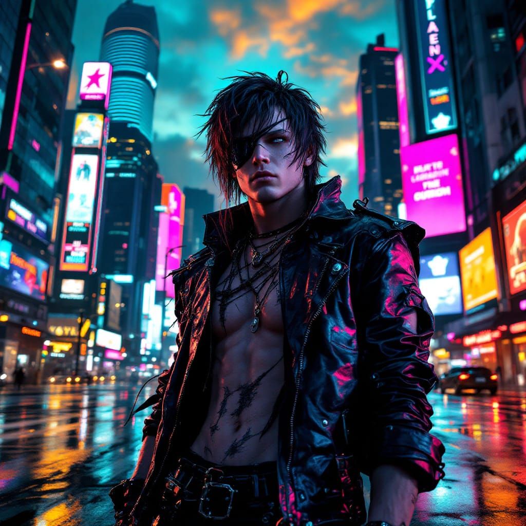 Cyberpunk Rockerboy in Dystopian Metropolis, Matte Painting