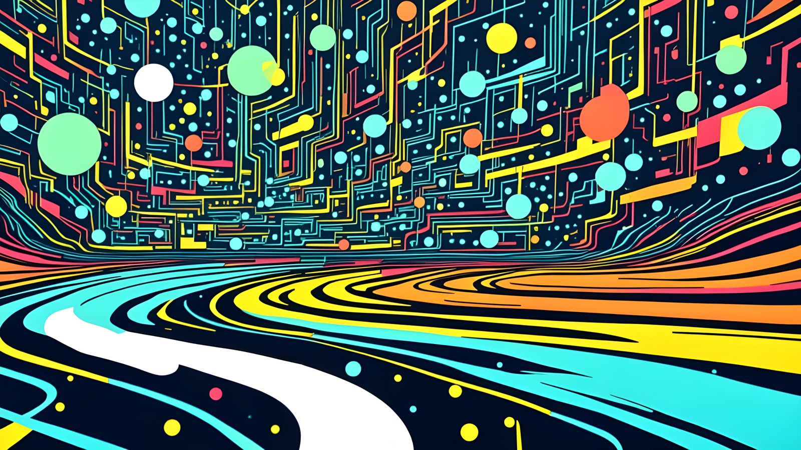 Abstract Circuit Board with Occult Glyphs and River