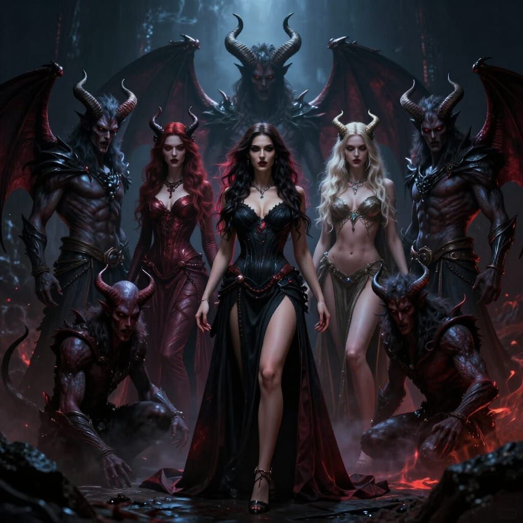 Woman Defies Demon Lords in Dark Fantasy Art