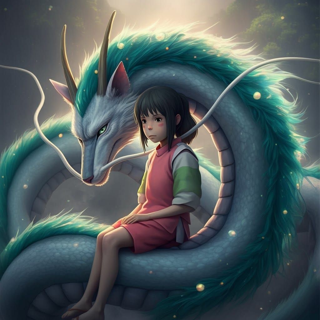 Majestic Dragon Haku with Chihiro, Digital Art