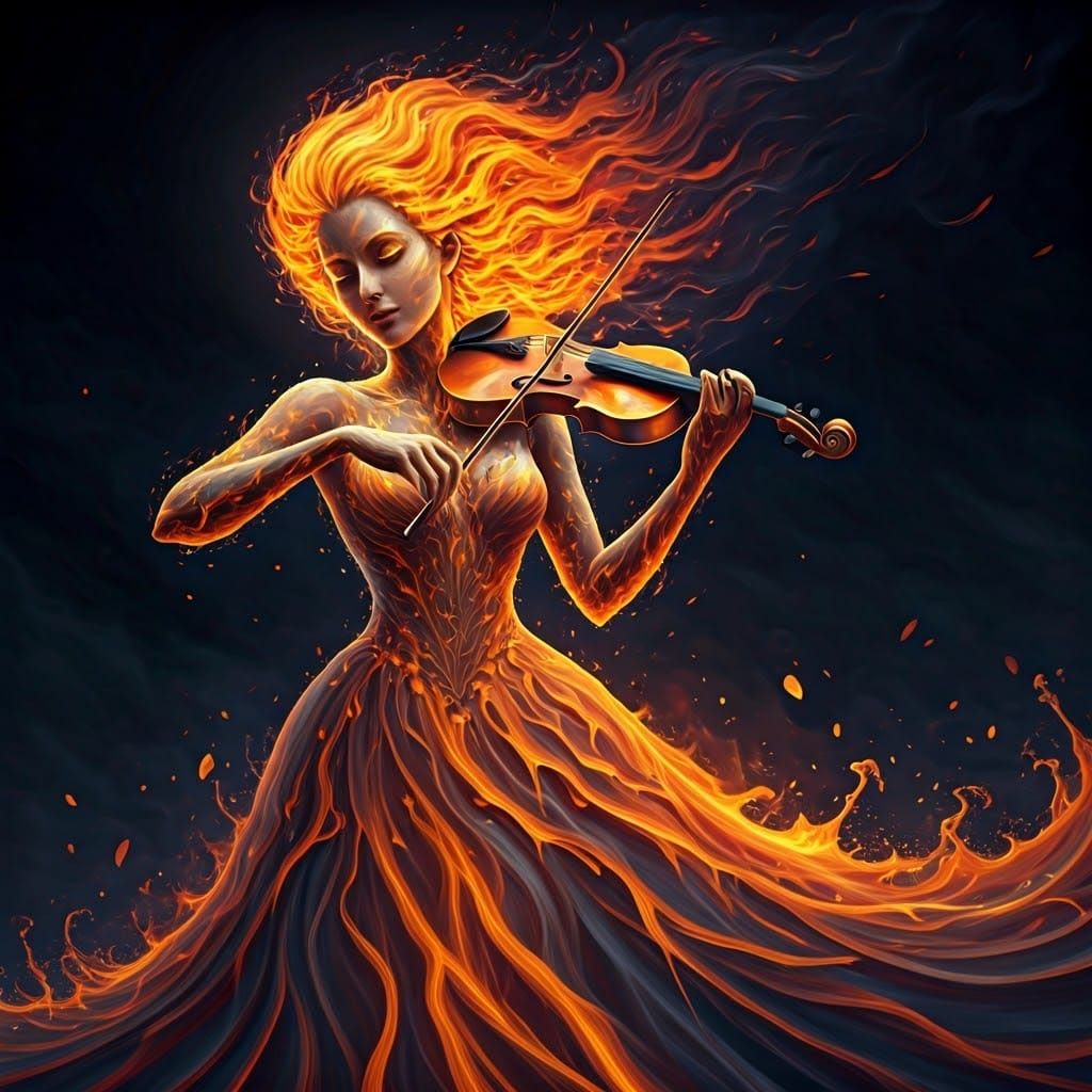 Fiery Woman Playing Violin of Fire