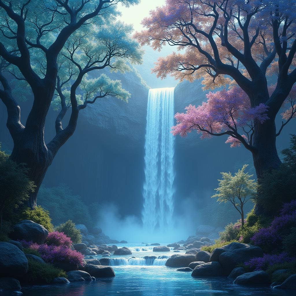 Crystal Waterfall in Mystical Forest: Digital Art