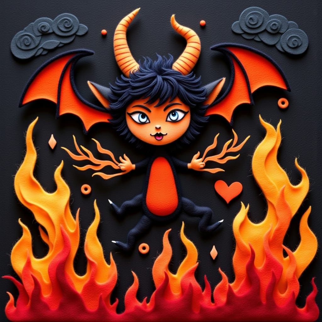 Impish Demon Surrounded by Flames in Felt Cutout Style