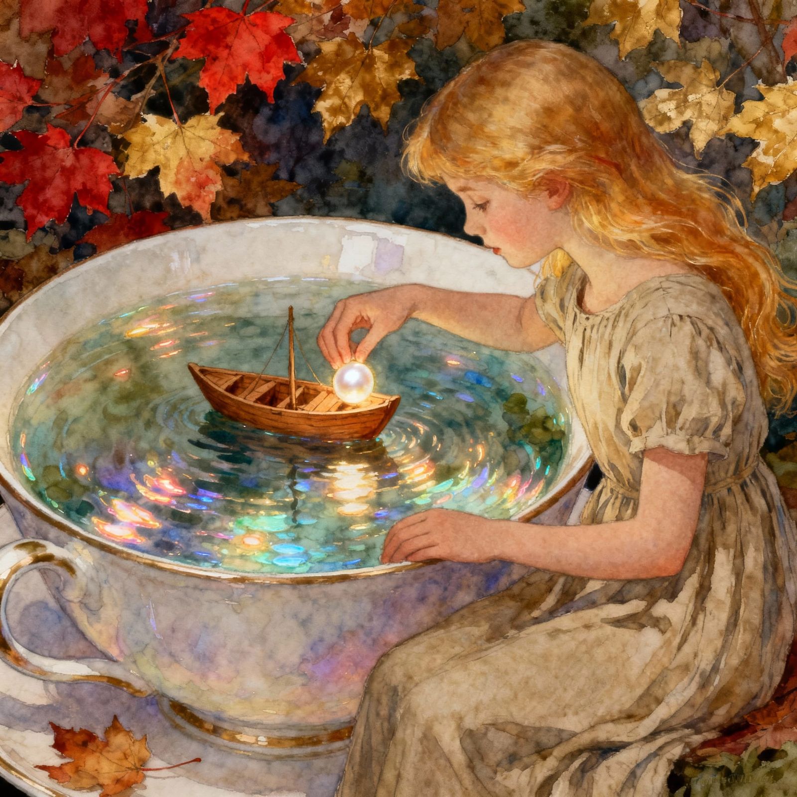 Girl Places Pearl in Teacup Boat with Glowing Leaves