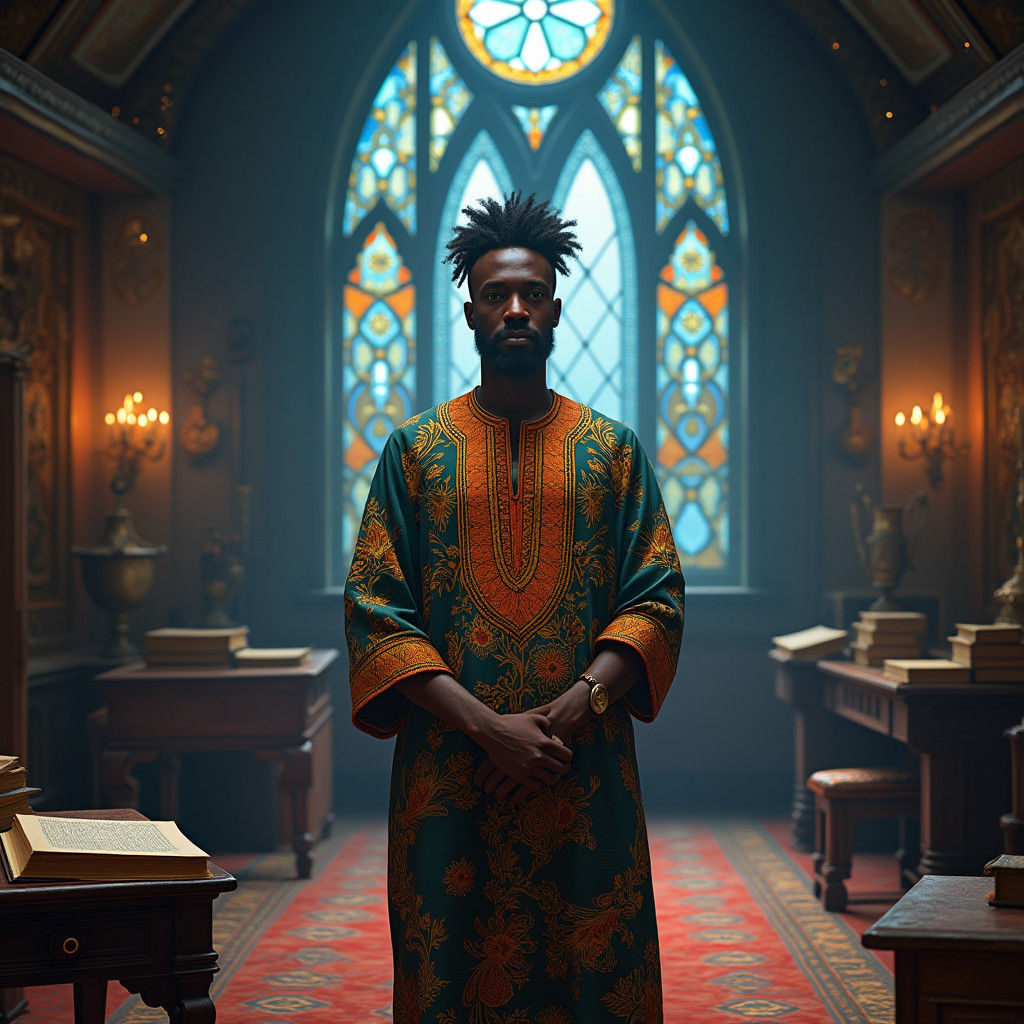 African Teacher in Ornate Classroom, Matte Painting