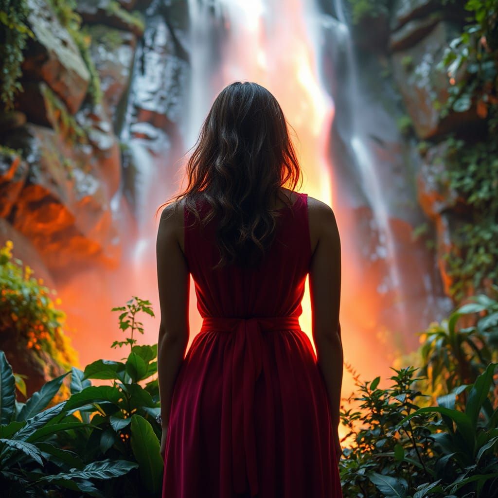 Rainbow Waterfall Woman in Dreamlike Style