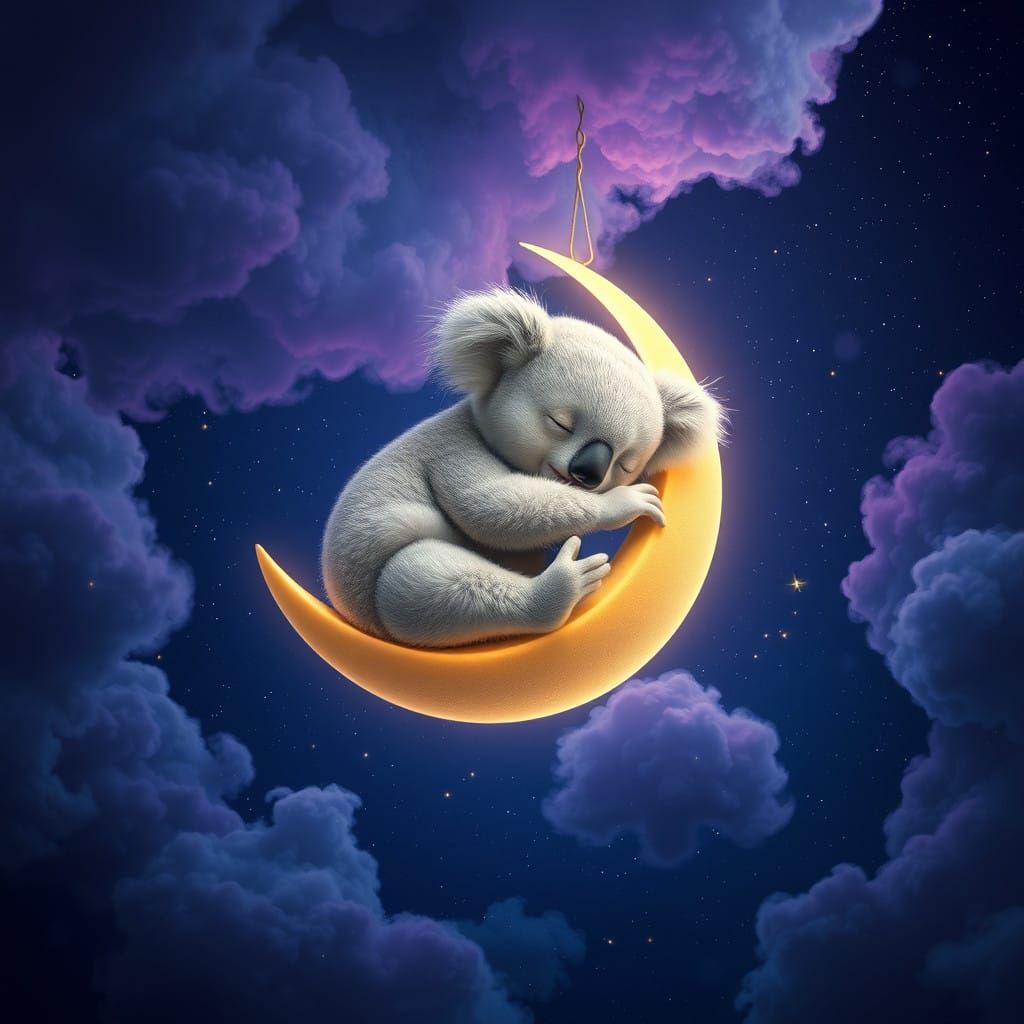 Whimsical Moonlit Koala Slumbers in a Dreamlike Celestial Sc...