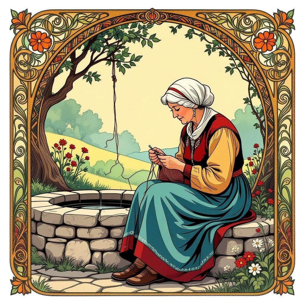 Art Nouveau Grandmother Knitting by Well