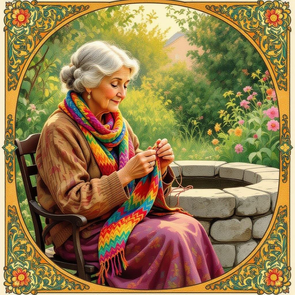 Art Nouveau Scene: Grandmother Knitting by Old Well