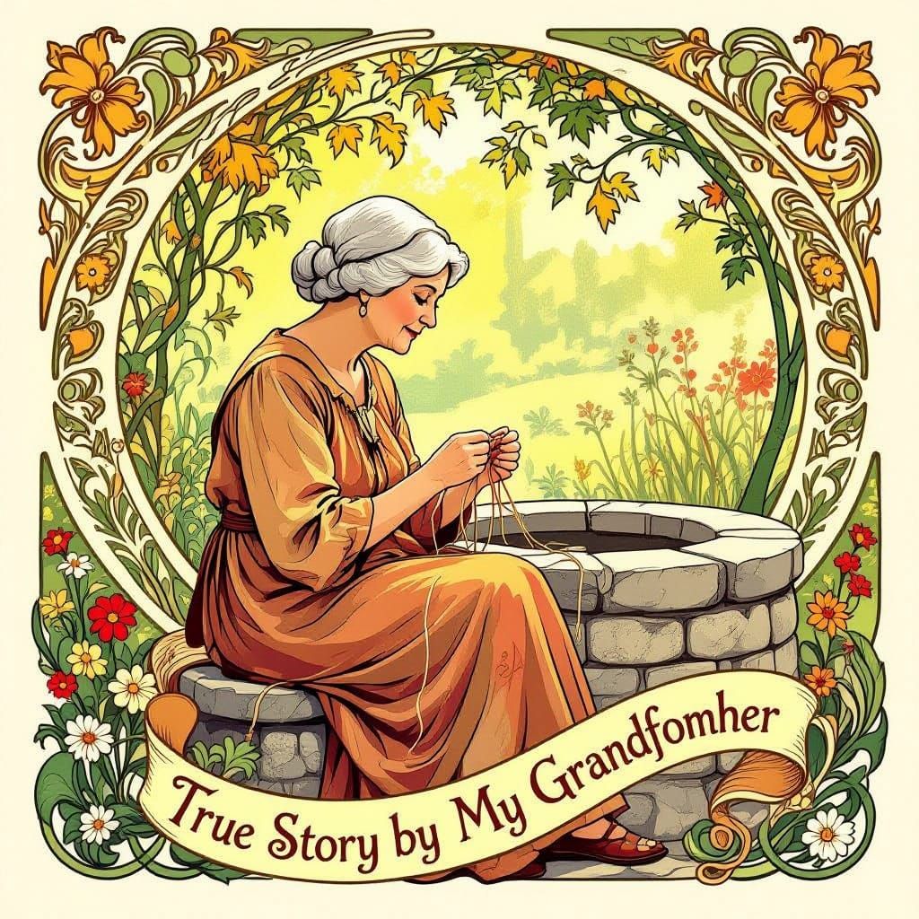 Art Nouveau Grandmother Knitting by Well in Golden Light
