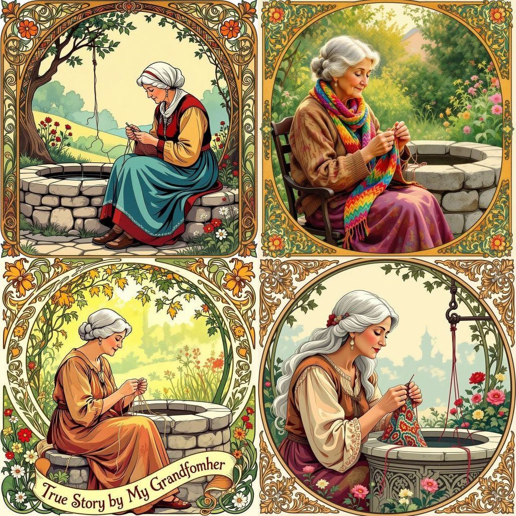 Art Nouveau Scene: Grandmother Knitting by a Well
