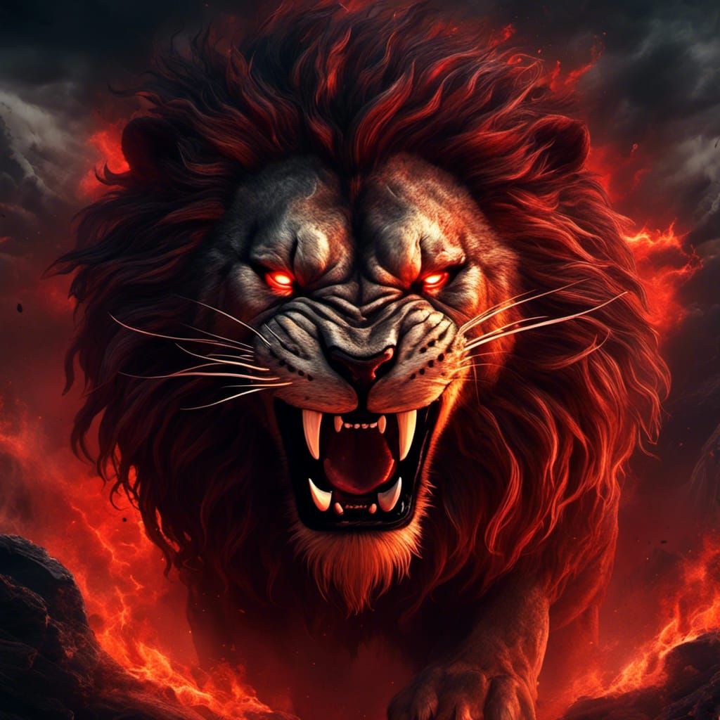 Fierce Roaring Lion with Red Eyes in Hellscape