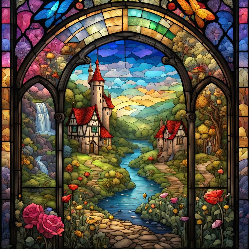Fantasy Medieval Village in Stained Glass