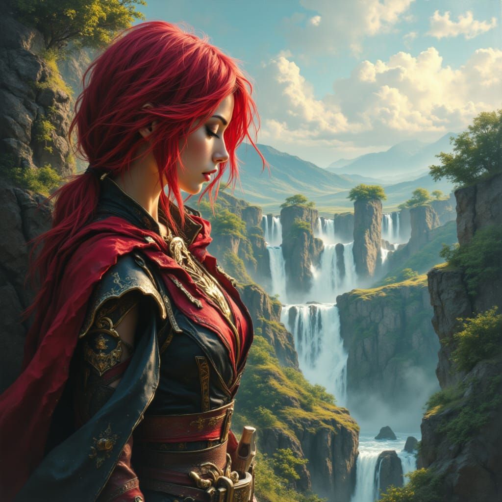 Red-Haired Adventurer in Fantasy Valley