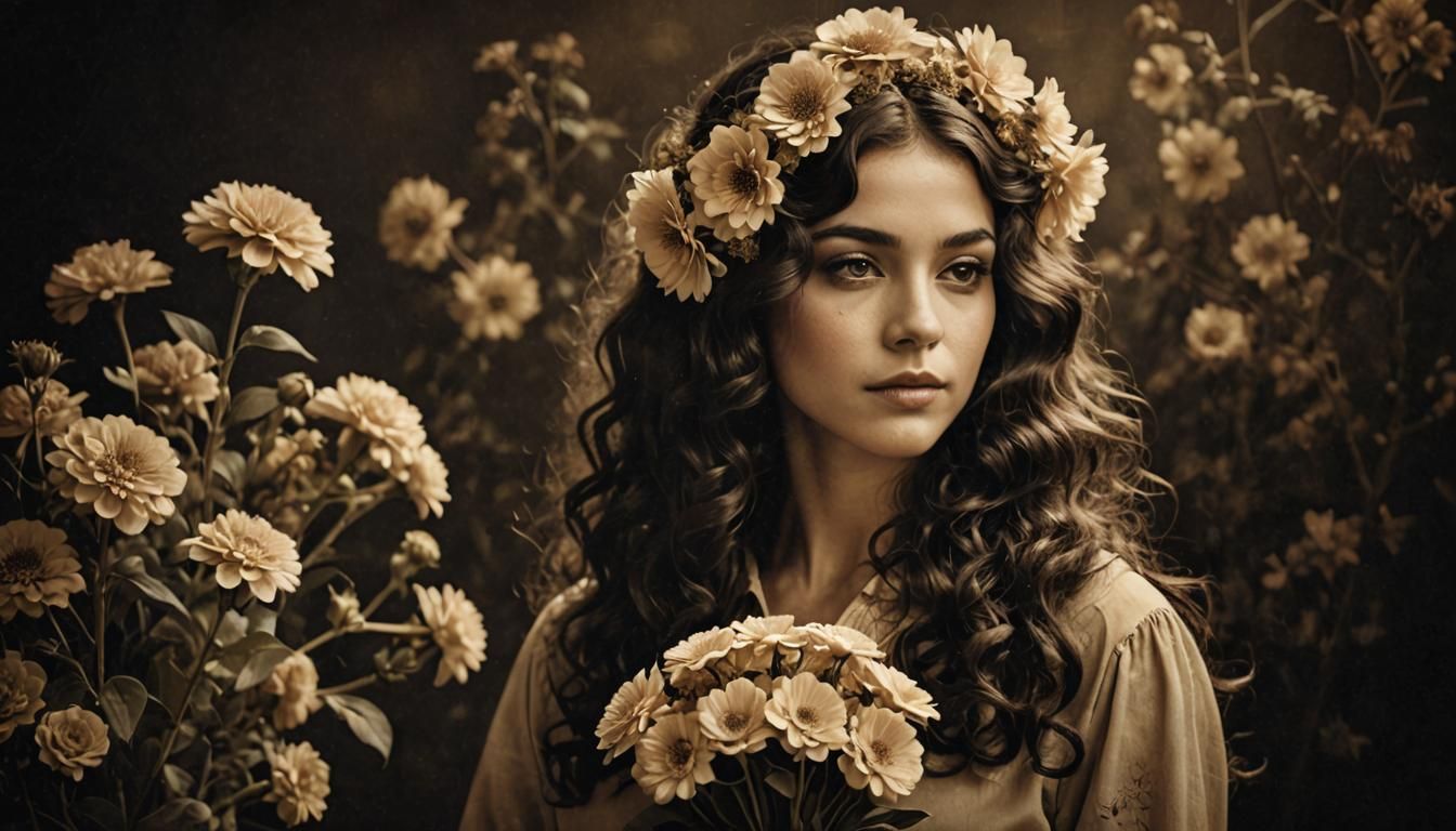 Vintage Sepia Portrait of a Girl with Flowers