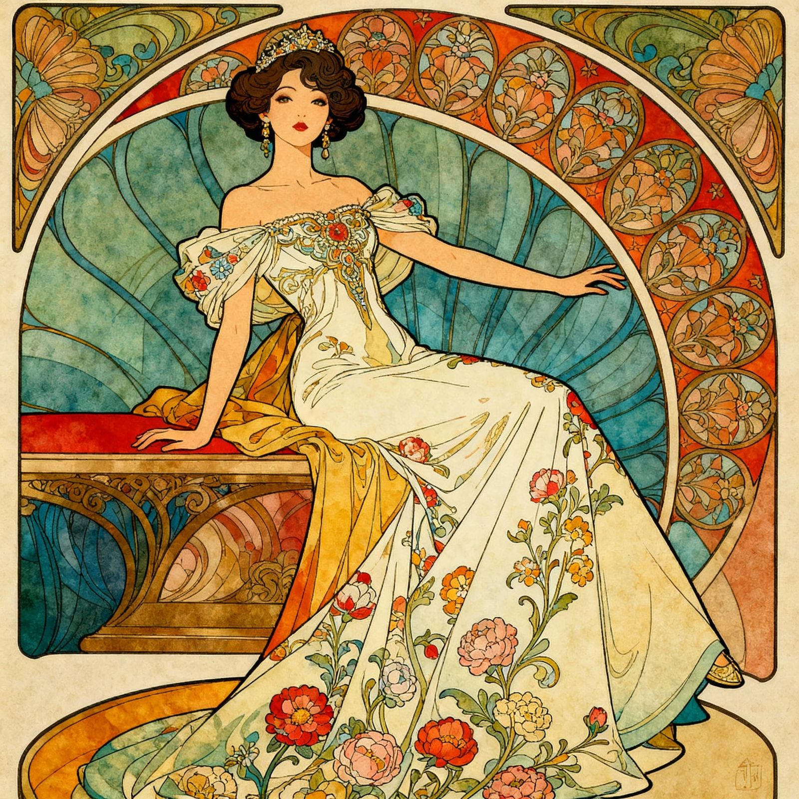 Elegant Woman in Luxurious Setting - Art Nouveau Illustratio...