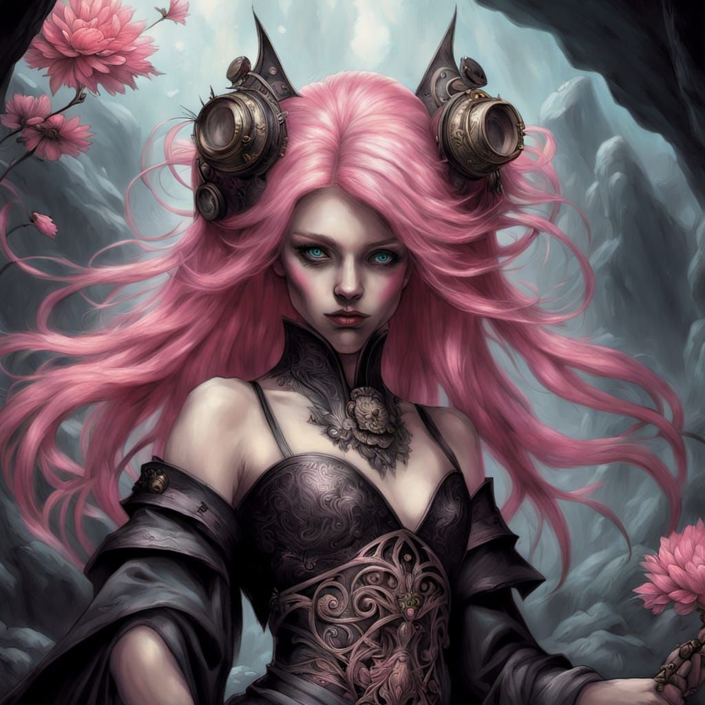 Gothic Cyborg Geisha in Bioluminescent Cave