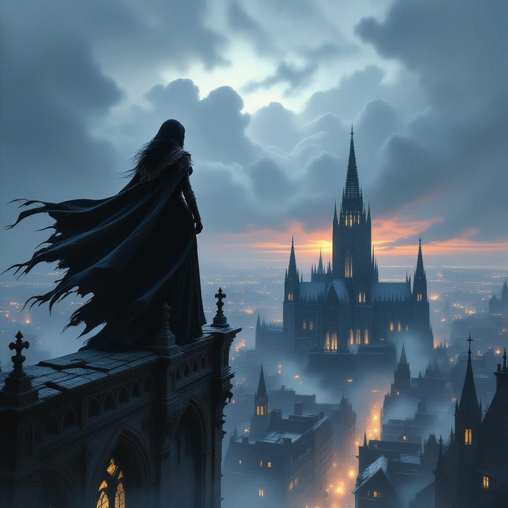 Sorceress on Gothic Cathedral Spire