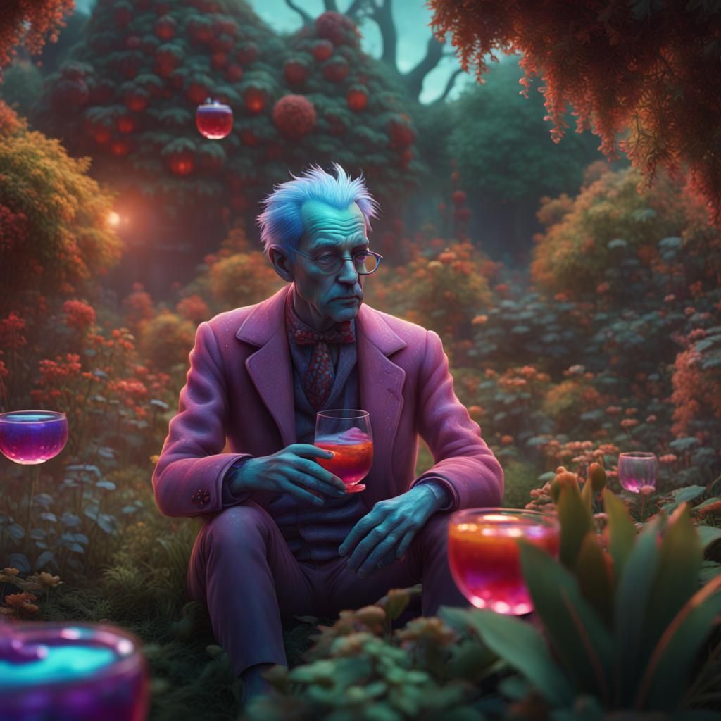 Surreal Man in Garden: Detailed Matte Painting