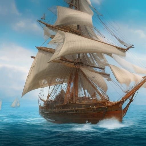 Detailed Historic Sailing Ship on Sunny Sea