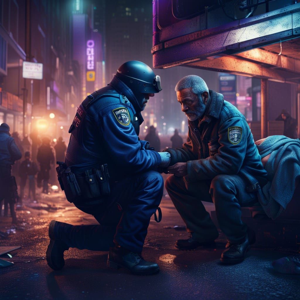 Police Officer Helps Homeless Man in Cyberpunk City