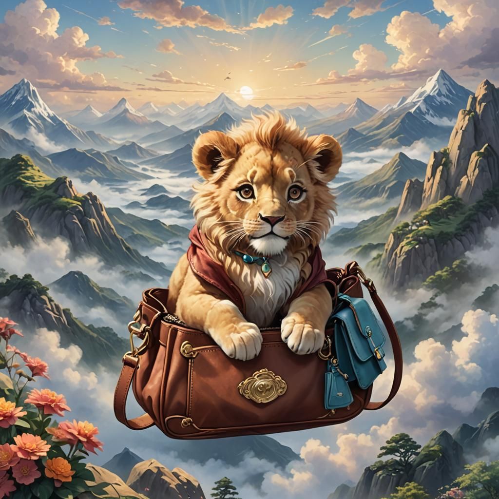 Cute Baby Lion in a Purse, Anime Style