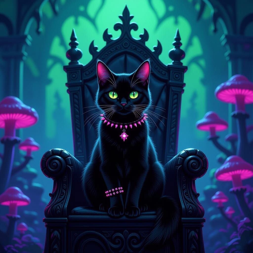 Gothic Cat on Obsidian Throne with Bioluminescent Fungi