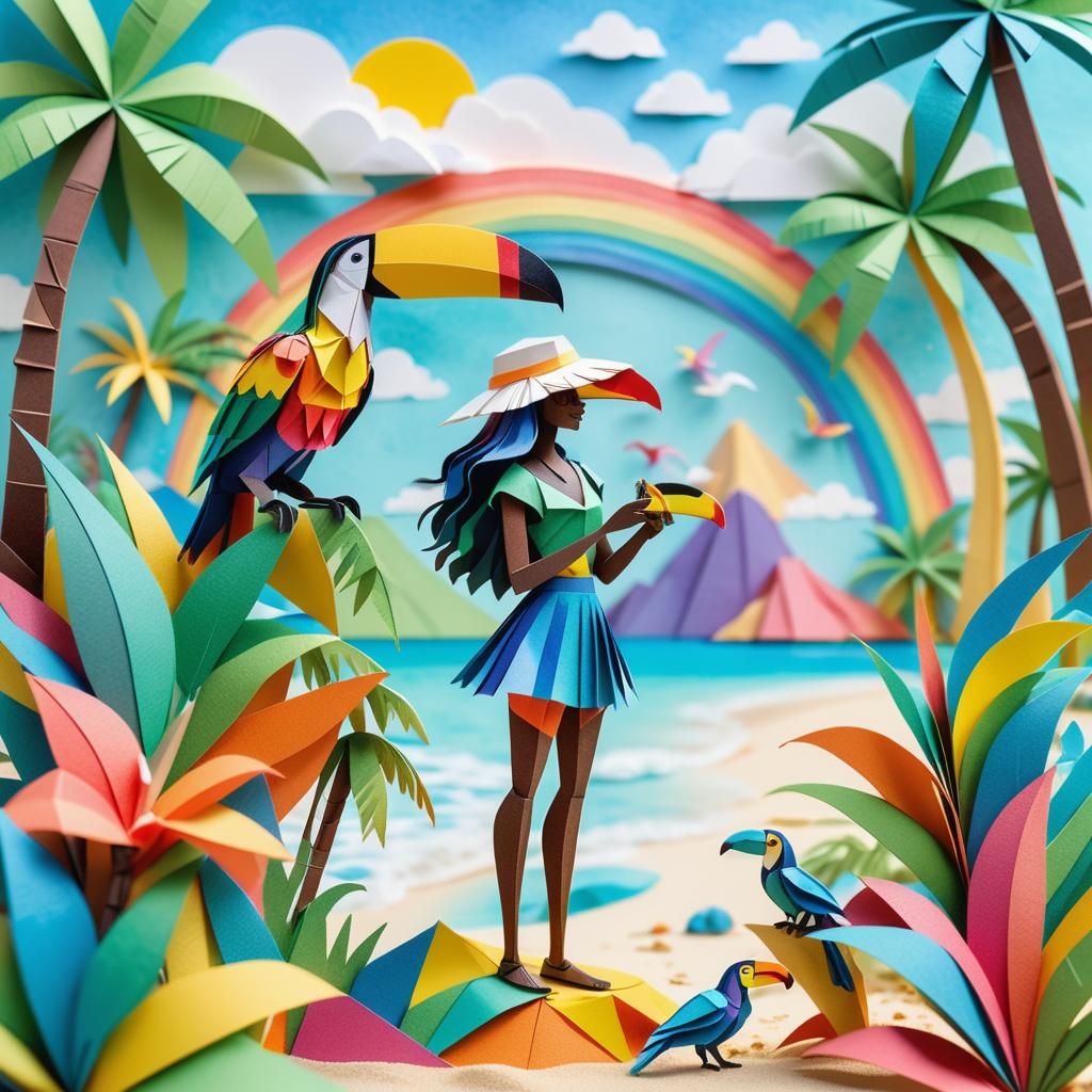 Caribbean Beach Scene in Whimsical Papercraft Style