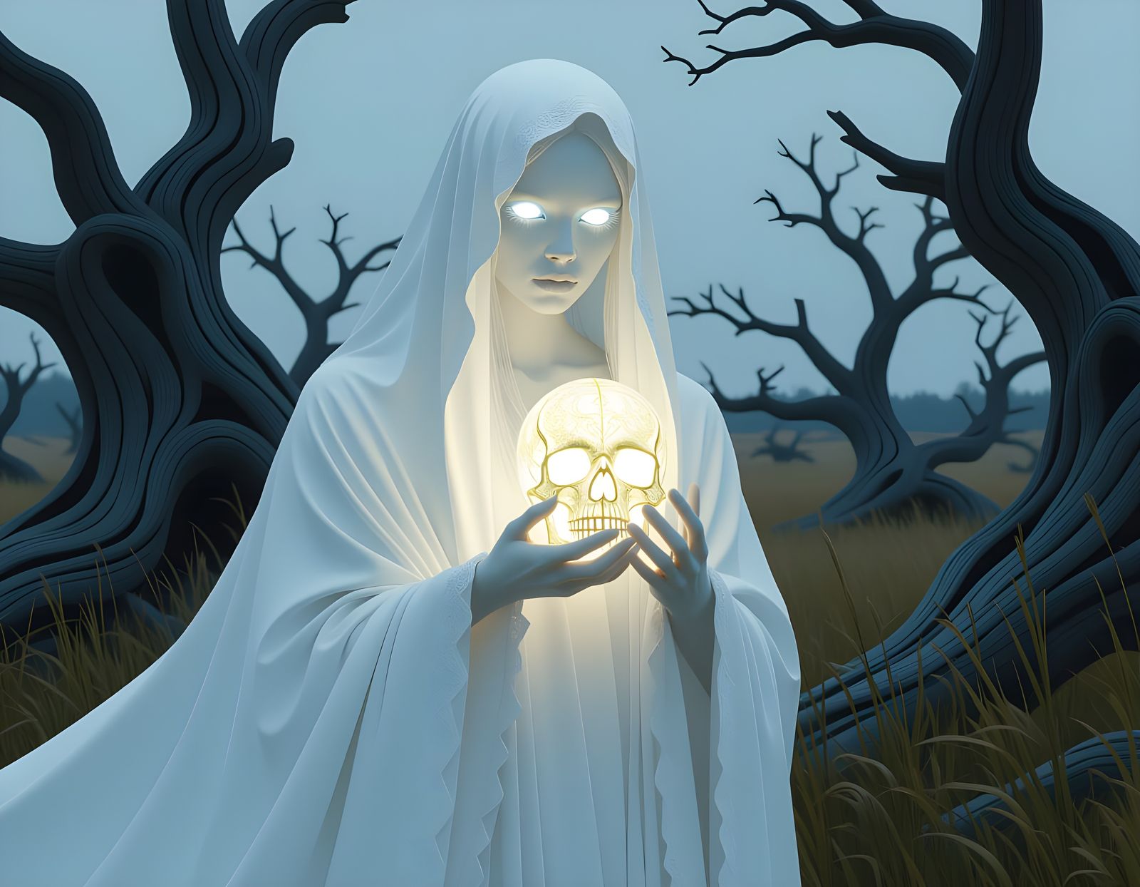 Albino Woman with Glowing Skull in Xianxia Fantasy Art