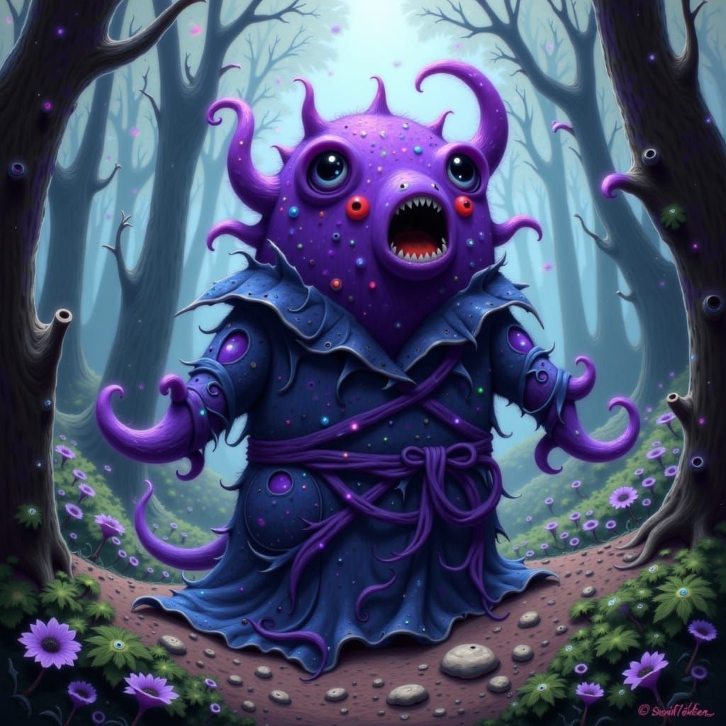 Indigo Monster Roaring in Mystical Forest