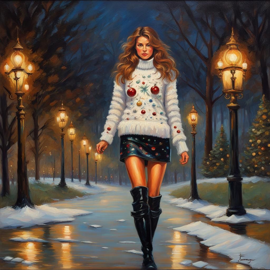 Woman in Christmas Sweater, Oil Painting Style