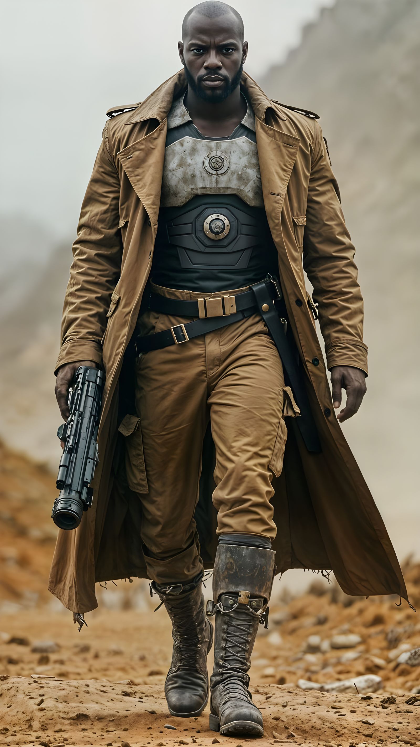 Tall Warrior Strolls Forward in Cinematic Film Still