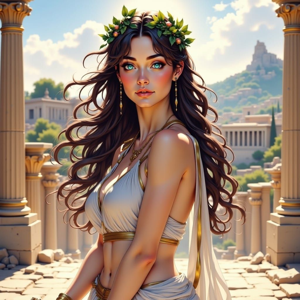 Greece-Themed Anime Woman on Acropolis with Lyre