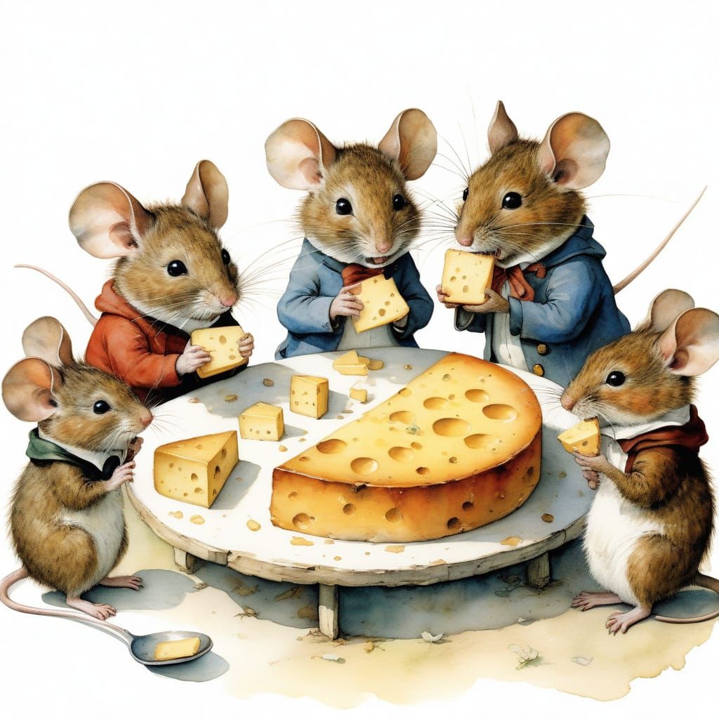 Whimsical Mice Enjoy Cheese in a Cozy Artistic Setting