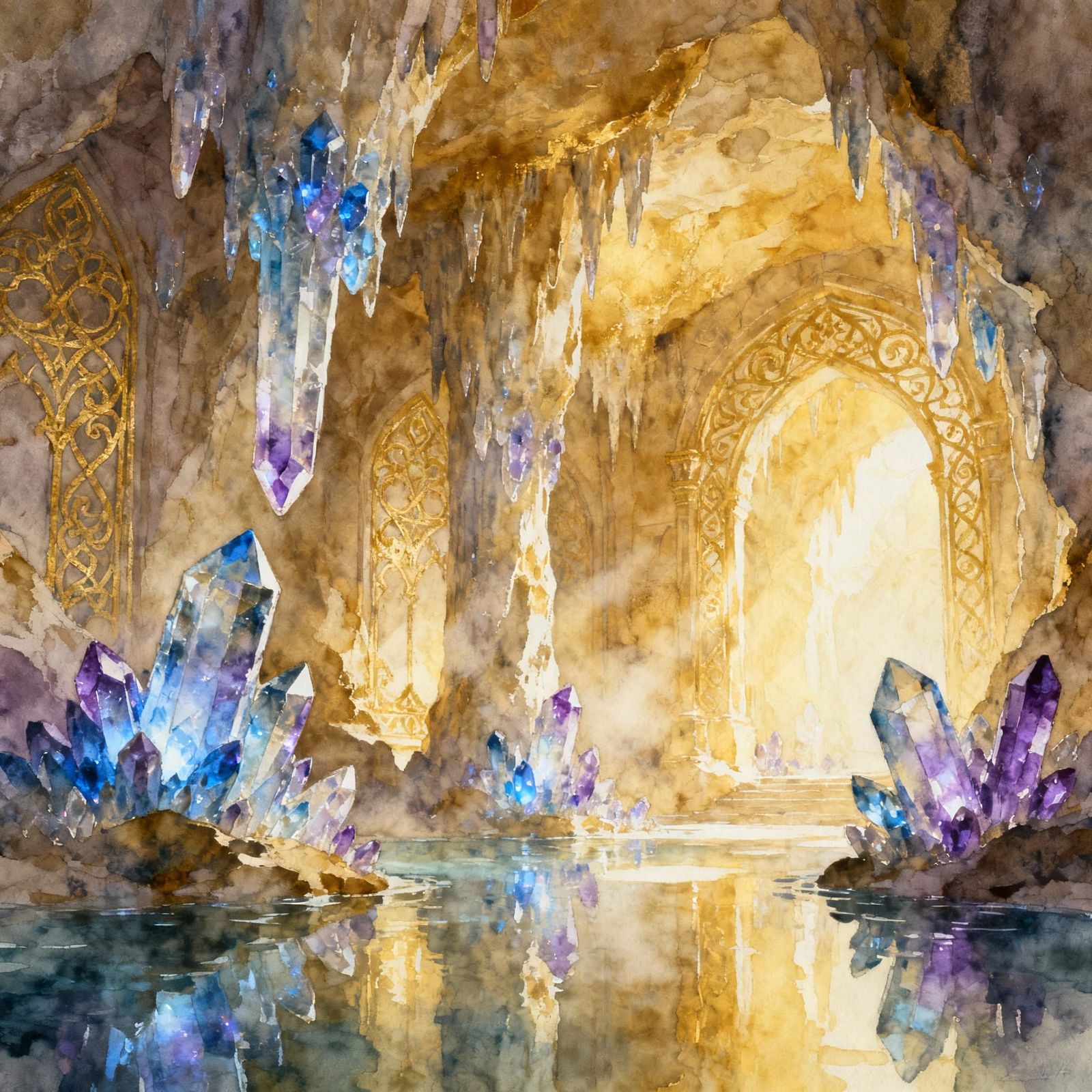 Shimmering Dwarven Crystal Hall in Golden Cavern
