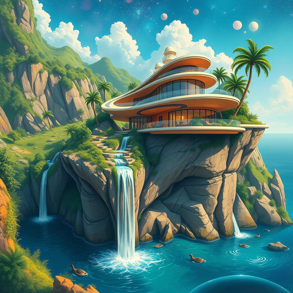 Cliffside House in Pablo Amaringo Style