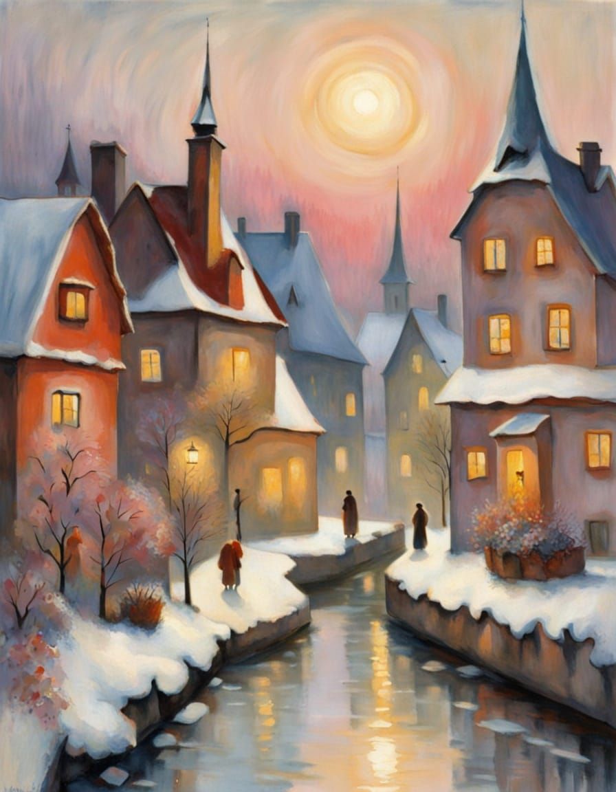 Whimsical Northern European Winter Village in Doodle Style