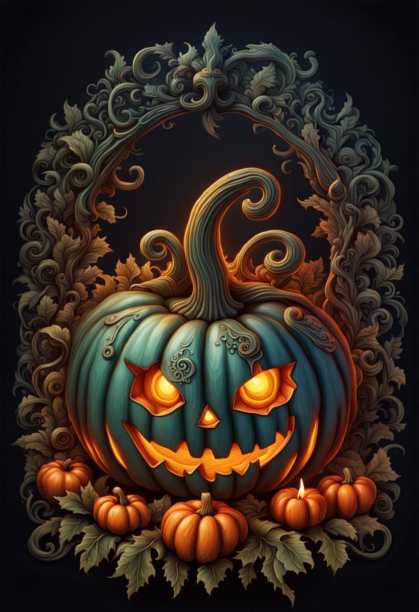 Intricately Carved Fantasy Pumpkin with Candlelight