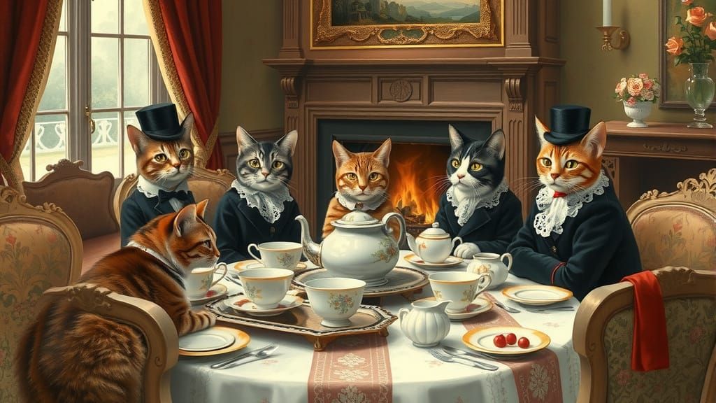 Victorian Cats Tea Party: Antique Illustration