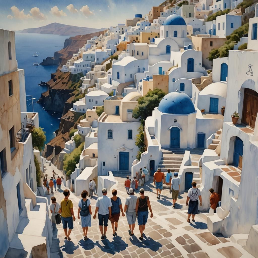 Santorini Greece in Realistic Watercolor Style