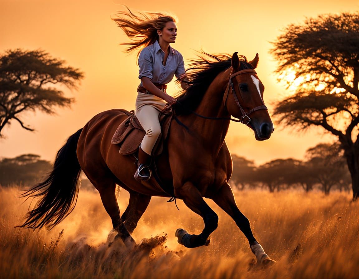 Woman Riding Stallion Through Savanna in Oil Painting Style
