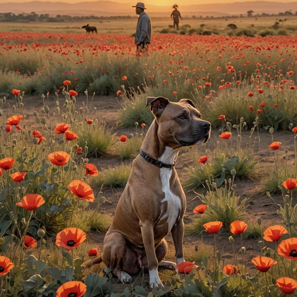 Staffordshire Terrier in African Sunset Poppy Field